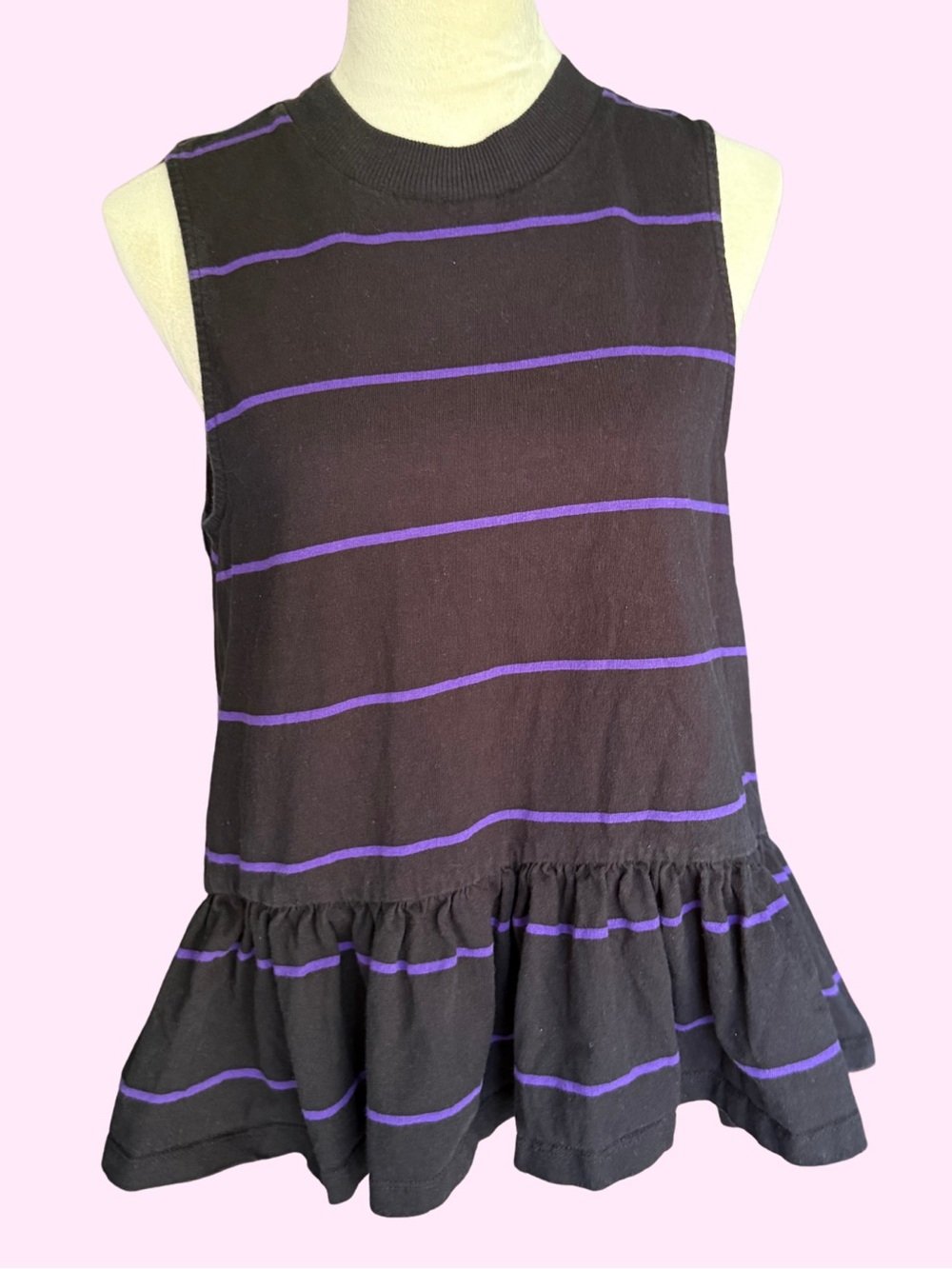 Anthropologie Hildi Peplum Purple and Black Striped Tank Top - size Large
